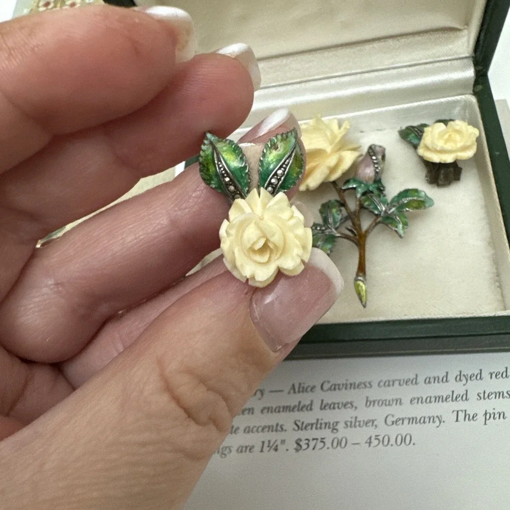 alice caviness Sterling Set Brooch & Earrings Enameled Stems Germany EUC